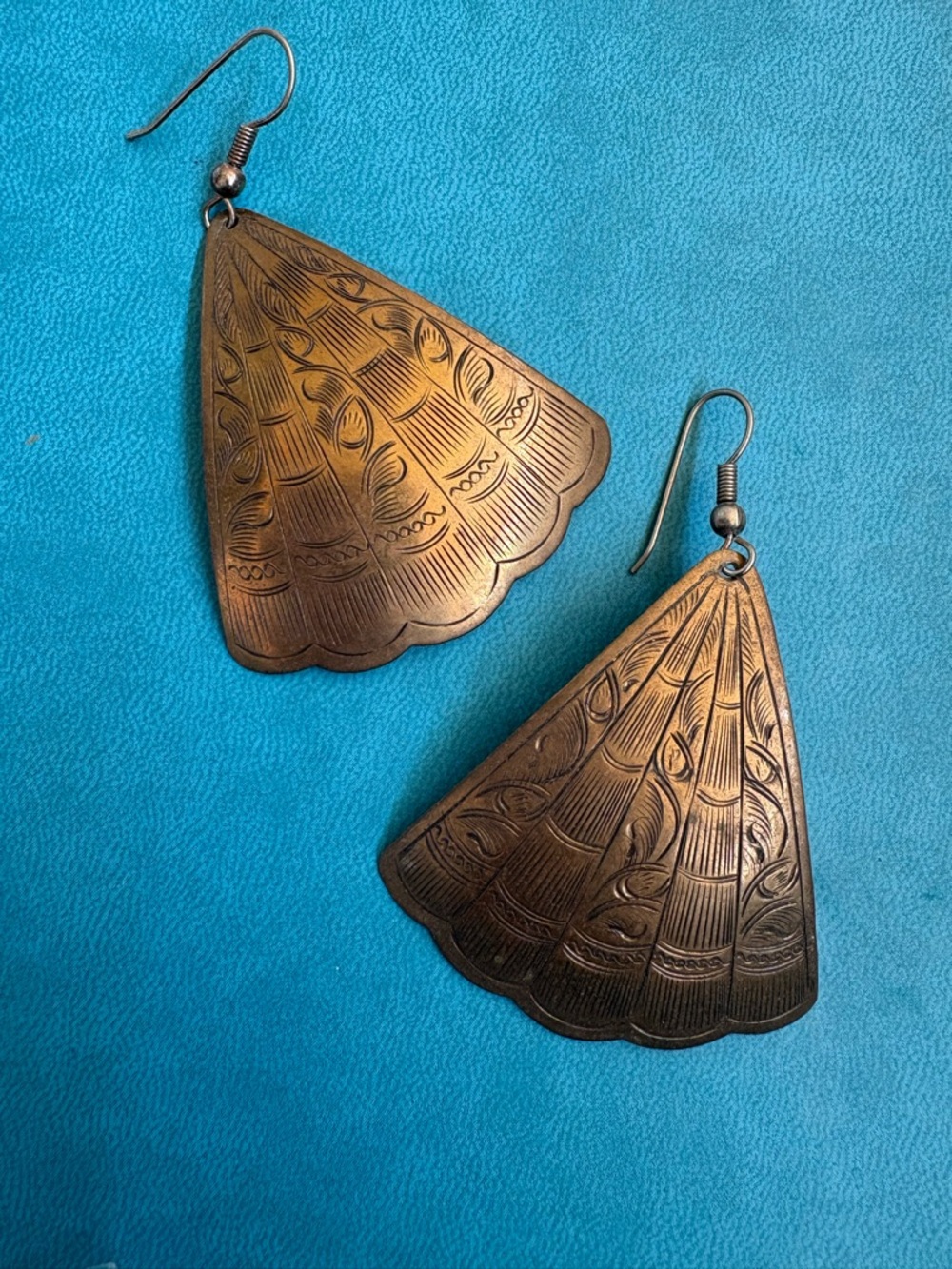 Engraved Fan-Shaped Copper Brass tone Dangle Earrings